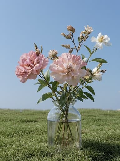 투명한 유리 꽃병에 담긴 드라이플라워, 화려한 색상, 섬세한 꽃잎과 잎사귀, 푸른 잔디밭, 맑은 하늘, 고요하고 차분한 느낌.