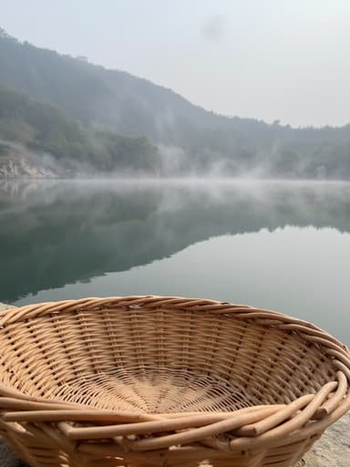 라탄 바구니, 물안개가 피어오르는 호수, 고요한 분위기