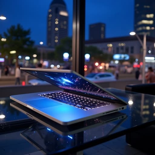 노트북, 디지털 기기, 큰 창을 통해 비치는 활기찬 도시 불빛, 저녁 분위기, 부드러운 빛