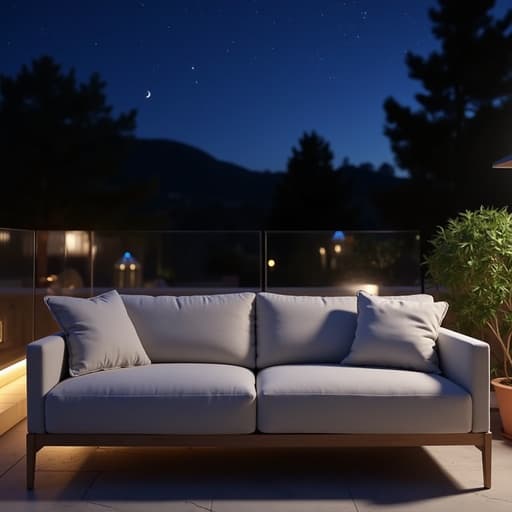 소파, 가구, 별이 보이는 테라스, 고요하고 초대하는 평화로운 분위기