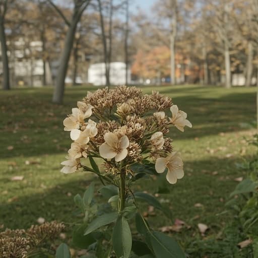 가을 낙엽이 흩뿌려진 공원 설정에서의 드라이플라워, 섬세한 세부사항과 부드러운 꽃잎이 자연스러운 갈색과 녹색으로 표현되며, 나무 사이로 비치는 따뜻한 햇빛 아래 있다.
