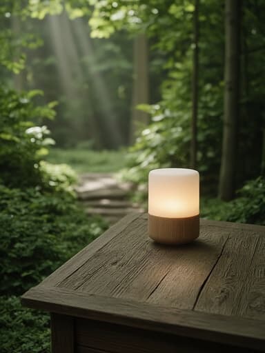 부드럽게 빛나는 무드등이 소박한 나무 테이블 위에 놓여 있으며, 울창한 녹음의 숲속 오솔길에 둘러싸여 있고, 나무 사이로 스며드는 부드러운 햇살, 부드러운 그림자, 정교한 표면 질감, 미세한 결함, 고요한 분위기를 자아냅니다.