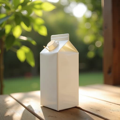 나뭇잎 사이로 비치는 따뜻한 오후 햇살에 나무 테이블 위의 우유 팩.