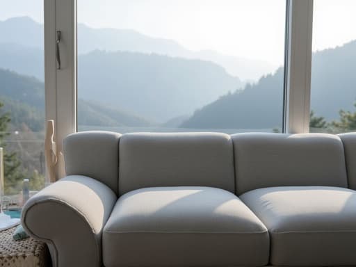 안개 낀 계곡 배경 중앙에 배치된 소파로 평화로운 분위기를 전달합니다.