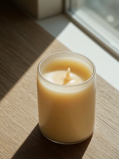 양초, 인테리어 소품, 나무 창턱, 아침 햇살이 비치는, 따뜻하고 초대하는