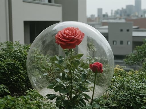 도시의 옥상 정원에 있는 장미가 들어있는 유리 돔, 고요하고 평화로운 도시의 우아함