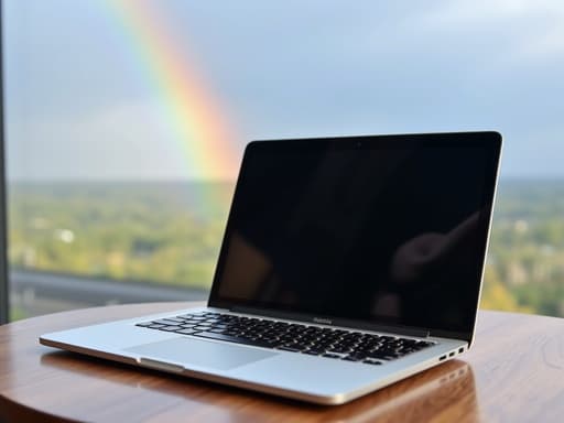 목재 테이블 위에 있는 노트북, 화면에 부드러운 반사, 측면에서 들어오는 자연광, 선명한 하늘의 화려한 무지개 배경, 평화롭고 기분 좋은 분위기입니다.