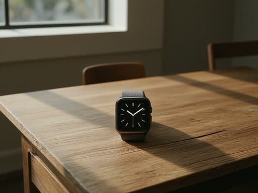 따뜻한 자연광이 나무 표면을 비추는 빈티지 카페 테이블 위에 있는 스마트 워치, 시계 화면에 섬세한 그림자와 반사, 테이블의 약간의 결함이 개성을 더함, 아늑하고 초대하는 분위기, 편안함.