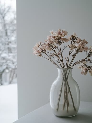 유리 꽃병에 담긴 드라이플라워, 밖에서 부드럽게 내리는 눈, 장면을 비추는 부드러운 겨울빛, 고요하고 평화로운