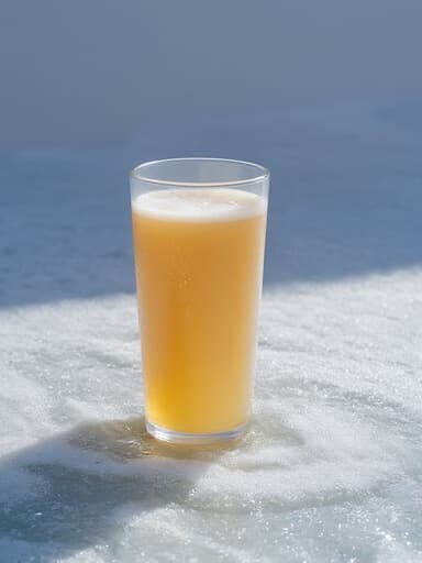 유리 주스 병, 표면에 응결, 얼음 표면에 반사되어 놓인, 흩어진 서리, 자연적인 겨울 조명, 배경에 섬세한 고드름, 부드러운 그림자, 평화롭고, 선명함