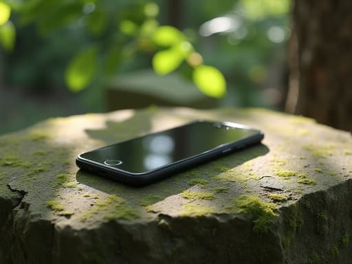 여름 숲속 오솔길에 이끼가 덮인 돌 위에 놓인 스마트폰, 나뭇잎 사이로 들어오는 부드러운 햇살로 차분하고 자연스러운 분위기를 연출합니다.