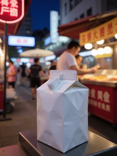 흰색 종이 질감과 약간의 움푹 들어간 밀크 카톤이 중심에 놓여져 있는 북적이는 야시장 거리, 빛나는 네온 불빛과 생생한 색깔, 흐릿한 배경의 길거리 음식 노점이 따뜻한 분위기를 만들어냅니다.