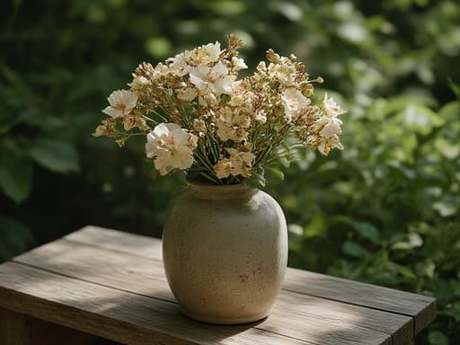 오래된 공원 벤치 위에 놓인 자연스러운 화병에 담긴 드라이플라워, 부드러운 자연광, 부드러운 그림자, 배경에 흐릿한 녹지, 따뜻하고 초대하는 분위기.