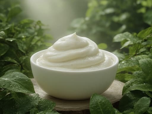 중앙에 핸드크림, 부드러운 크림 질감, 눈에 보이는 수분 방울, 아침 이슬이 맺힌 푸른 숲에 둘러싸여 있고, 자연광이 나뭇잎 사이로 부드럽게 비춥니다, 표면에 미세한 그림자와 반사.