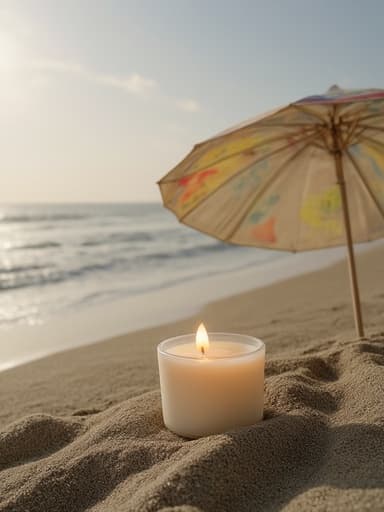 티라이트 캔들, 인테리어소품, 여름 해변의 다채로운 파라솔 아래, 따뜻하고 초대하며 평화로운