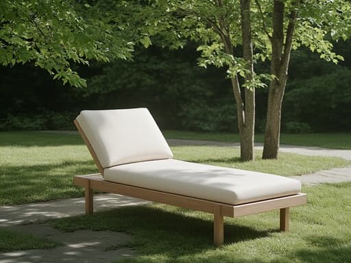 자연 목재로 제작된 플러시 패브릭 업홀스터리 라운지 체어가 도시 공원 벤치에 놓여 있으며, 점점이 비치는 햇살과 사실적인 잔디로 둘러싸여 있어 평화로운 분위기를 자아낸다.