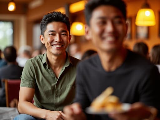 40대 중반의 아시아계 남성이 자연스러운 외모로 아늑한 식당 테이블에 앉아 있는 반신 샷입니다. 그는 캐주얼한 셔츠와 청바지를 착용하고, 한 손에 간식을 들고 매력적인 미소와 즐거운 표정을 지으며 즐거움을 표현하고 있습니다. 따뜻하고 아늑한 식당 배경이 전체적인 편안한 분위기를 더합니다.