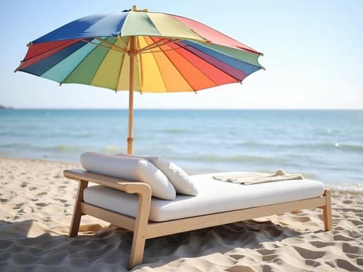 싱글 침대, 가구, 다채로운 해변 파라솔 아래, 고운 모래, 부드러운 파도, 밝은 여름 햇빛, 따뜻한 분위기