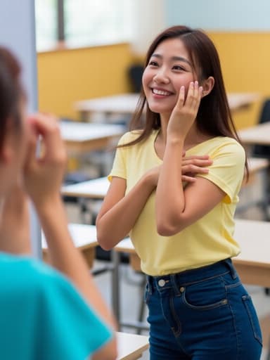 20대 초반 아시아계 여성이 캐주얼한 티셔츠와 청바지를 입고 밝게 웃으며 거울을 보며 화장을 하고 있는 모습의 반신 사진입니다. 배경에는 책상과 의자가 배치된 교실이 있어 친근한 분위기를 연출합니다. 자연광이 그녀의 얼굴을 비추어 주며, 장면의 밝은 기분을 더욱 돋보이게 합니다.