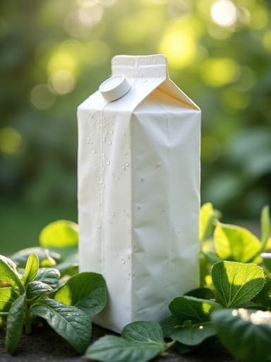 우유 팩, 신선한 초록색 잎으로 둘러싸인, 생생하고 상쾌하며 자연스러운