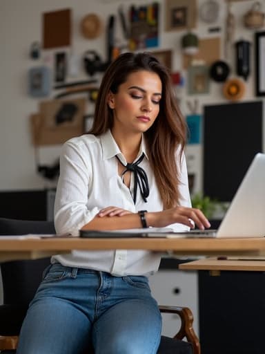 20대 초반의 중동계 여성이 세련된 블라우스와 편안한 청바지를 입고 디자인 도구가 가득한 책상에 앉아 있습니다. 그녀는 자신감 넘치는 표정으로 노트북을 바라보며 메모를 하고 있으며, 창의적인 작업 공간에서 활기차고 자신감 있는 모습을 보여줍니다.