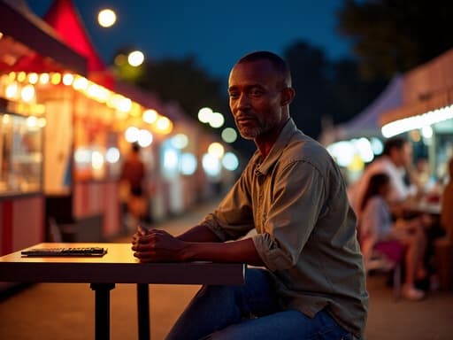 50대 초반의 흑인 남성이 캐주얼한 셔츠와 청바지를 입고, 테이블에 손을 두고 의기소침한 표정을 지으며 크로스 레그로 앉아 있는 모습의 반신 사진. 화려한 조명과 부스가 있는 축제장 배경에서 사람들의 웃음소리가 들리는 분위기입니다.