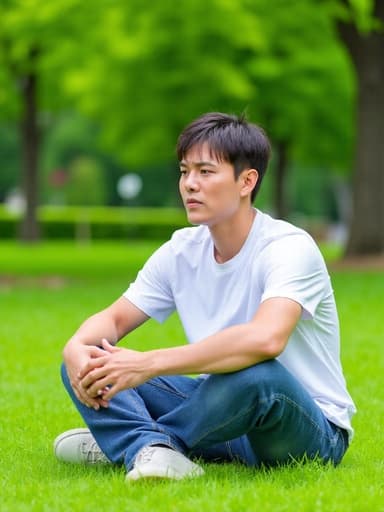 평화로운 공원에서 편안한 티셔츠와 청바지를 입고 있는 30대 중반의 한국인 남성이 크로스 레그 자세로 앉아 있습니다. 그의 손은 무릎 위에 가볍게 올려져 있으며, 불안한 표정을 짓고 있습니다. 울창한 녹음이 가득한 배경이 전체적인 차분하면서도 내성적인 분위기를 한층 더 강조합니다.