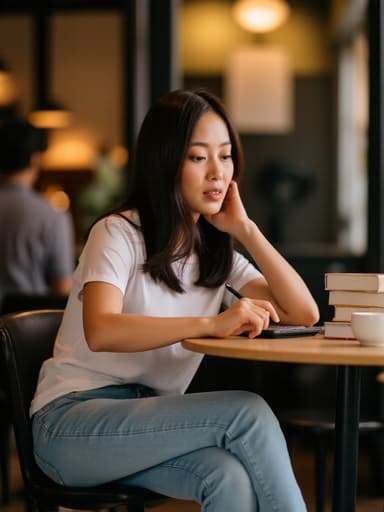 아늑한 카페에서 편안한 티셔츠와 청바지를 입고 있는 20대 후반의 동양인 여성의 반신 사진입니다. 그녀는 컴퓨터에 집중하며 약간 찡그린 표정을 짓고 있으며, 손을 사용하고 있습니다. 배경에는 커피잔과 책들이 놓인 테이블이 있어 카페의 아늑한 분위기를 더합니다.