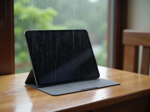 나무 테이블 위의 태블릿, 배경에 비 내리는 창, 따뜻하고 아늑한 분위기