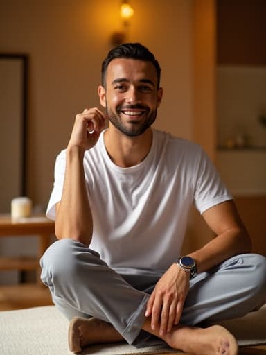 30대 후반의 혼혈 남성이 전화기를 한 손에 들고 요가 매트에 다른 손을 올리며 자유롭게 미소 짓고 있는 반신 사진, 부드러운 조명이 비치는 아늑한 마사지샵 내부에서 편안한 분위기를 연출합니다.