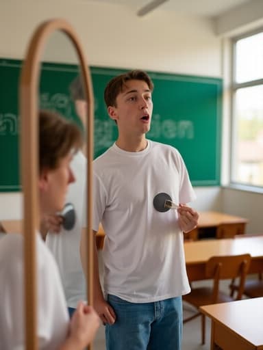 10대 후반의 백인 남성이 거울 앞에서 화장품을 들고 놀란 표정을 짓고 있습니다. 편안한 티셔츠와 청바지를 입고 있으며, 배경에는 교실의 칠판과 책상이 보이는 밝고 깔끔한 환경이 있어 젊고 생기 있는 분위기를 강조합니다.