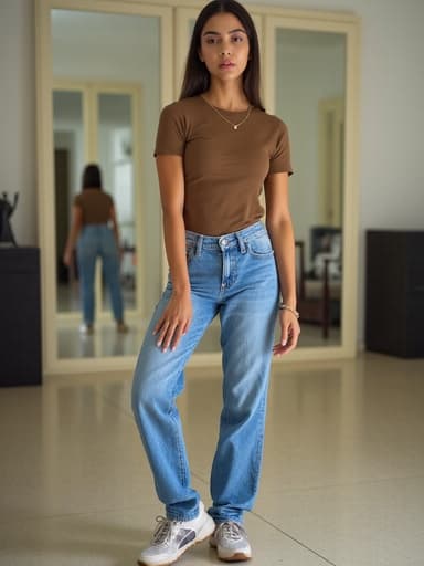 세련된 미러룸에서 자신감 넘치는 라틴계 10대 소녀가 트렌디한 의상을 입고 서 있습니다. 평온한 표정과 허리에 손을 얹은 자세로 스니커즈를 신으려는 모습이 패션과 자신감을 완벽하게 조화시킵니다.