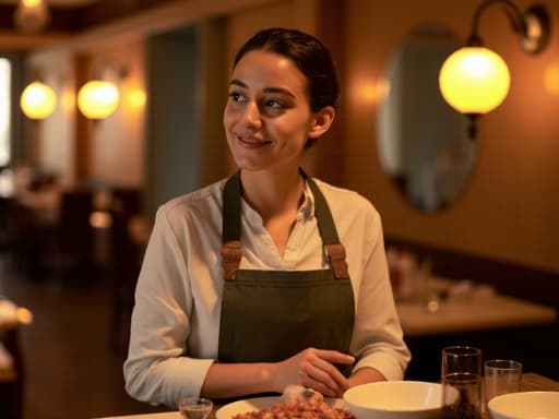 20대 후반의 중동계 여성이 친근한 미소를 지으며 회의실 테이블 위에 요리 재료를 정리하고 있습니다. 편안한 블라우스와 주방용 앞치마를 착용한 그녀의 모습과 따뜻한 조명이 비치는 식당 내부가 어우러져 아늑한 분위기를 만들어냅니다.