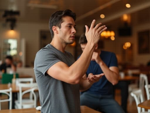20대 중반의 혼혈 남성이 캐주얼 운동복을 입고, 아늑한 카페에서 친구와 대화하며 약간 실망한 표정을 짓고 있는 모습.