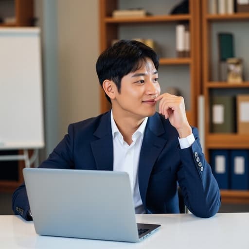 30대 초반의 한국인 남성이 깔끔한 화이트 셔츠와 네이비 블루 블레이저를 입고 현대적인 학원에서 앉아, 손으로 턱을 괸 자세로 노트북을 바라보며 자신감 넘치는 미소를 짓고 있습니다. 배경에는 세련된 화이트보드와 책장이 있어 아늑한 학문적인 분위기를 만들어냅니다.