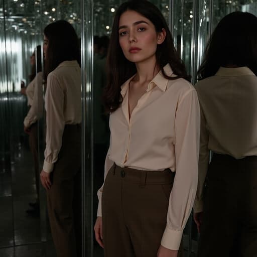 30대 초반의 중동계 여성의 반신 사진으로, 세련된 블라우스와 슬랙스를 착용하고 가벼운 액세서리로 스타일링을 한 모습입니다. 슬픈 표정을 지으며 깊은 생각에 잠긴 듯한 감정을 드러내고 있고, 손은 자연스럽게 내려져 있으며 약간 고개를 숙이고 있습니다. 배경은 거울로 가득 찬 방으로 독특한 반사 분위기를 연출합니다.