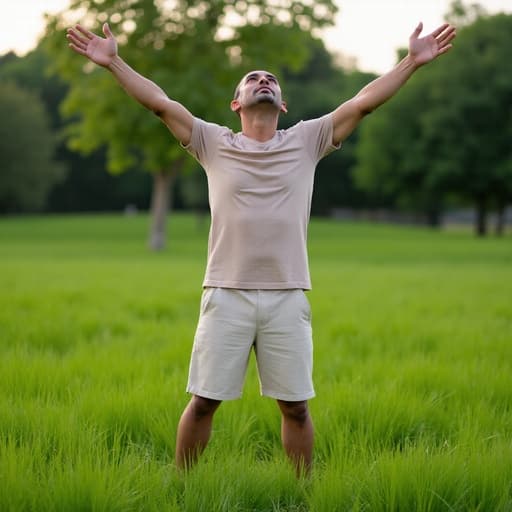 50대 초반의 중동계 남성이 캐주얼한 티셔츠와 반바지를 입고 푸른 잔디밭과 나무들로 둘러싸인 야외 환경에서 팔을 위로 뻗으며 스트레칭하는 모습입니다. 그의 우울한 표정이 자연과 함께 어우러져 있습니다.