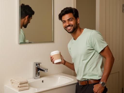 30대 중반의 혼혈 남성이 편안한 티셔츠와 바지를 입고 밝게 웃으며 아늑한 욕실에서 커피 컵을 한 손에 들고 세면대에 기대고 있는 모습의 반신 사진입니다. 여유롭고 즐거운 라이프스타일을 보여줍니다.