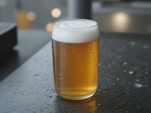 물방울이 맺힌 차가운 맥주 캔의 클로즈업, 흐릿한 도시 불빛이 있는 비 오는 도시 거리 배경과 함께 세팅되어, 기분이 우울하고 분위기 있는 느낌을 만들어낸다.