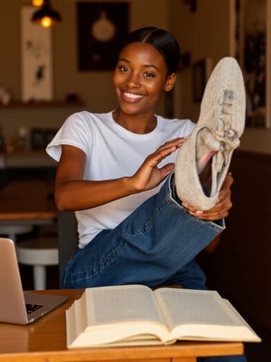 20대 초반의 아프리카계 여성이 즐겁게 미소 지으며 한 쪽 발을 들어 올려 스타일리시한 스니커즈를 신으려 하고 있습니다. 캐주얼한 티셔츠를 입고 있으며, 아늑한 카페의 따뜻하고 초대하는 배경 속에서 노트북과 책들이 놓인 테이블이 함께 있어 활기차고 생산적인 분위기를 자아냅니다.