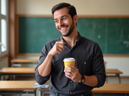 30대 중반의 혼혈 남성이 캐주얼한 셔츠와 청바지를 입고 강의실 환경에 앉아 있는 반신 사진입니다. 그는 커피 컵을 들고 어색하게 웃고 있으며, 마치 놀라운 순간에 포착된 듯한 약간 당황한 표정을 짓고 있습니다. 강의실에는 깔끔하게 배치된 책상과 칠판이 보이며, 진정한 학문적인 분위기를 자아냅니다. 따뜻하고 초대하는 듯한 조명이 장면의 캐주얼하고 친근한 느낌을 강조합니다.