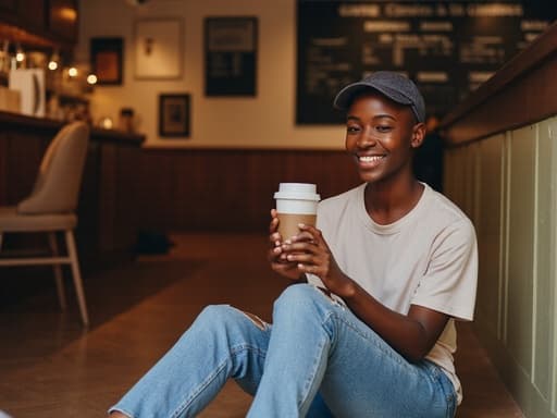 30대 초반 아프리카계 여성이 아늑한 카페 바닥에 앉아 캐주얼한 티셔츠와 청바지를 입고 있습니다. 그녀는 한 손에 커피 컵을 들고 여유롭게 미소를 지으며 편안하고 자유로운 느낌을 자아내고 있습니다. 카페의 내부는 다양한 커피 옵션이 적힌 칠판과 빈 의자들이 있어 아늑한 분위기를 조성하고 있으며, 자연광이 비추고 있습니다.