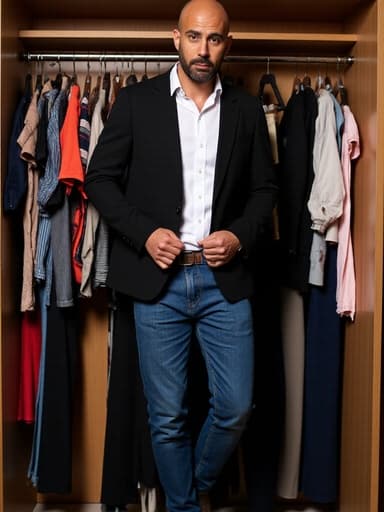 중동계 남성의 전체 바디 샷으로, 40대 중반의 나이에 시크한 블랙 재킷과 화이트 셔츠, 청바지를 입고 있으며, 다양한 의상이 걸린 옷장 앞에서 점프하며 불안한 듯한 표정을 지으며 옷을 고르는 모습입니다.