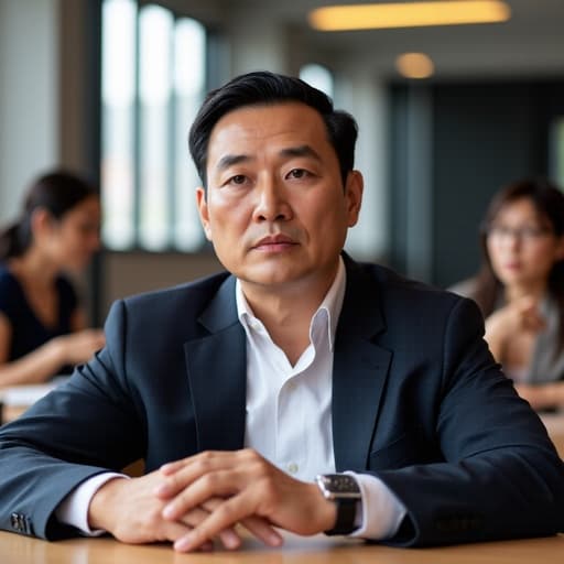 이 이미지는 50대 초반의 동양인 남성이 깔끔한 흰색 셔츠와 어두운 색상의 재킷을 입고 회의실 테이블에 두 손을 가지런히 올려놓고 앉아 있는 모습입니다. 자연스러운 외모를 가진 그는 걱정스러운 표정을 지으며 깊은 생각에 잠긴 듯 보입니다. 배경은 다른 사람들이 일하는 모습이 보이는 공유 오피스 환경으로, 전문적인 분위기를 자아냅니다.