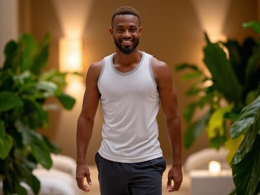 운동복을 입고 자연스러운 미소를 지으며 편안하게 걷고 있는 40대 중반의 혼혈 남성의 반신 사진. 편안한 분위기의 스파 환경에서 녹색 식물과 아늑한 조명이 어우러져 있어 휴식과 운동을 함께 느낄 수 있는 이미지입니다.