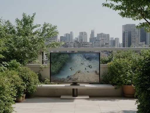 도시의 활기찬 옥상 정원에 있는 모니터, 평온하고 현대적인 분위기.