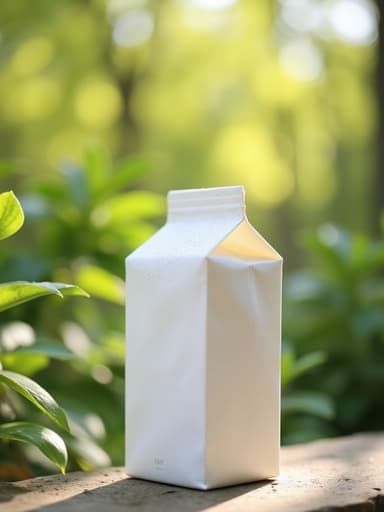 중앙에 배치된 우유 팩의 클로즈업, 신선한 녹색 잎 사이로 부드러운 자연 봄빛이 비치는 모습, 팩 표면에 있는 미세한 반사, 약간의 응축 방울, 배경의 잎사귀는 흐릿하게 초점이 맞춰진 모습, 생기 있고 상쾌하다