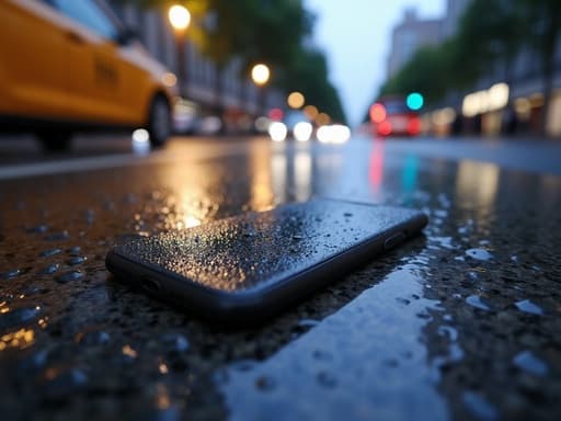 젖은 도시 거리의 스마트폰, 비에 젖은 포장도로가 도시 불빛을 반사하고, 우울하고 분위기 있는 도시 환경.