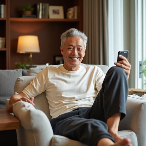 50대 초반의 한국인 남성이 티셔츠와 슬랙스를 편안하게 입고 다리를 뻗고 앉아 스마트폰을 들고 있는 반신 사진입니다. 긍정적인 표정을 지으며 미소를 띄고 있으며, 주변에는 책장과 소파가 있는 아늑한 거실 배경이 있어 따뜻하고 초대하는 분위기를 만들어냅니다.