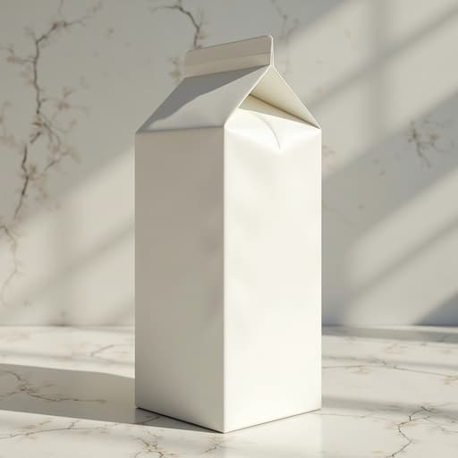 테이블 위에 놓인 우유 팩이 기하학적 패턴 배경과 함께 부드러운 자연광 아래에서 미세한 반사와 텍스처 세부 정보가 드러납니다.